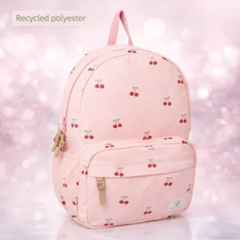 Różowy plecak dziecięcy z nadrukiem czerwonych wisienek z przegrodą z przodu dla dziecka. Kidzroom Plecak dla dzieci L Secret Garden pink