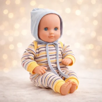 Lalka bobas w ubranku w paski z kapturem dla dziecka. Djeco Lalka Canary 32 cm KOLEKCJA POMEA