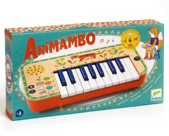 Drewniany syntezator dla dzieci z kolorowymi przyciskami i klawiszami piano. Djeco Syntezator