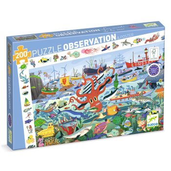 Puzzle tradycyjne 200 elementów z ilustracją podwodnego świata z rybami i statkami dla dzieci. Djeco Puzzle obserwacja SEKRETY MORZA 200 elem