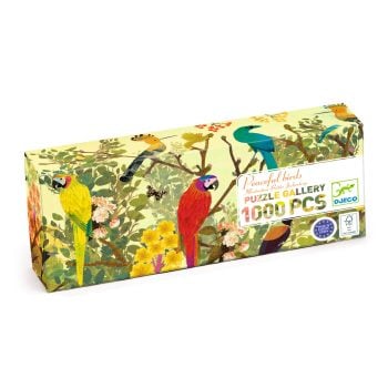 Puzzle tekturowe 1000 elementów z motywem kolorowych ptaków na tle roślin dla dzieci i dorosłych. Djeco Puzzle tekturowe SPOKOJNE PTAKI 1000 elem
