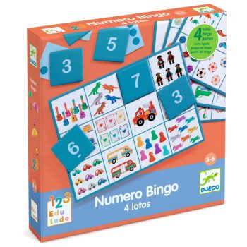Gra edukacyjna bingo 4 w 1 z kartami i żetonami z obrazkami dla dzieci 3-8 lat. Djeco Gra edukacyjna BINGO 4 w 1