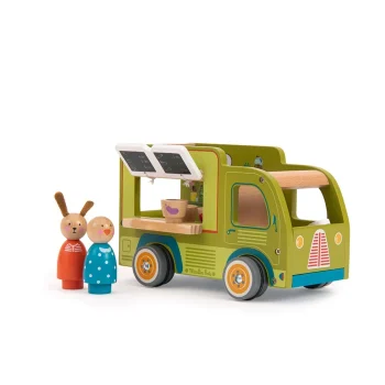 Drewniany zielony food truck z otwieranym okienkiem i dwie drewniane figurki zwierząt dla dzieci. Moulin Roty Drewniany food truck LA GRANDE FAMILLE