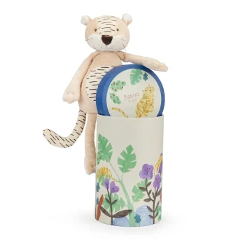 Pluszowa maskotka tygrys beżowy z czarnymi paskami dla dziecka w ozdobnym pudełku z motywem roślinnym. Moulin Roty Maskotka tygrys BABOO w ozdobnym pudełku