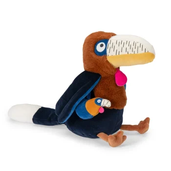 Pluszowa maskotka ptak calao w brązowo granatowych kolorach z elementami sensorycznymi dla dziecka. Moulin Roty Maskotka aktywiz. ptak calao LA FORET MAWA