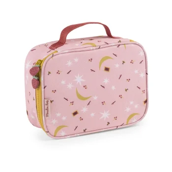 Różowa torba termiczna na lunch z motywem księżyca i gwiazd dla dziecka. Moulin Roty Torba termiczna APRES LA PLUIE 22X7X16