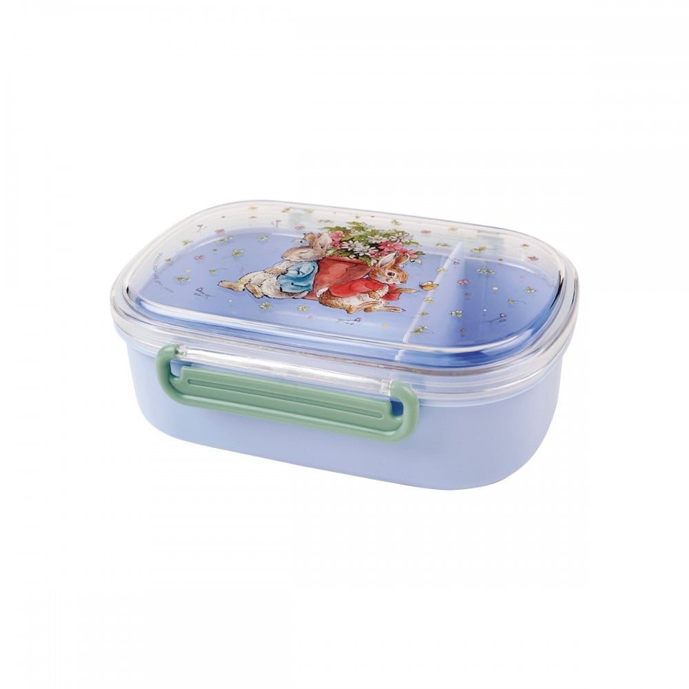 Niebieska śniadaniówka z motywem królika i roślin dla dziecka. Petit Jour Snack Box Królik Piotruś