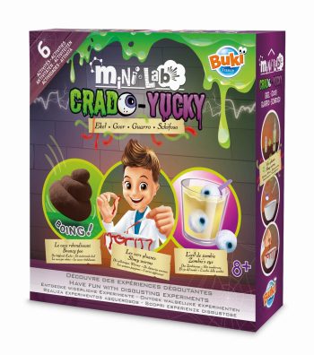 Zestaw chemika mini lab eksperymenty fuuuj dla dzieci 8 plus z kolorowymi substancjami i ilustracją chłopca w białym fartuchu. Buki Mini lab EKSPERYMENTY FUUUJ!