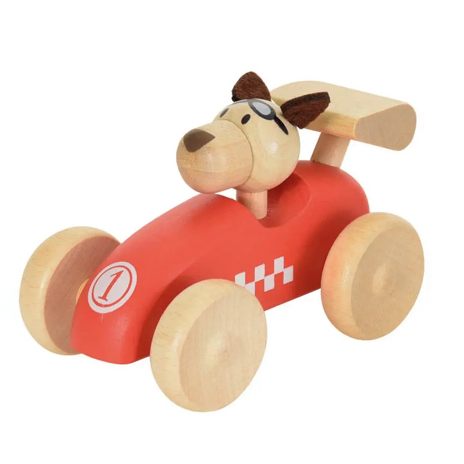 Drewniany czerwony samochód wyścigowy z figurką psa dla dziecka. Egmont Toys Drewniany samochód wyścigowy