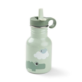 Zielona stalowa butelka dla dziecka z ustnikiem i nadrukiem krokodyla i ptaszka. Done by Deer Butelka Stalowa z Ustnikiem 350ml Playground Green 350 ml