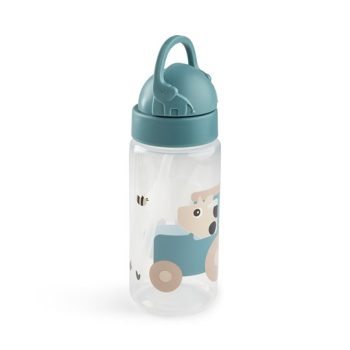 Bidon dla dziecka przezroczysty z niebieską nakrętką i grafiką zwierzątka na niebieskim tle 350 ml. Done by Deer Bidon dla Dziecka 350ml Tiny Farm Blue 350 ml