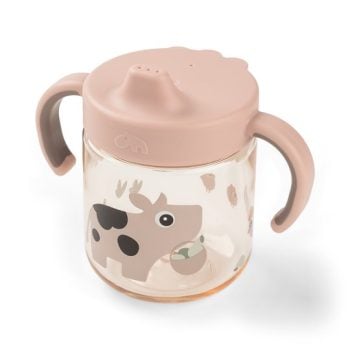 Kubek niekapek z uchwytami 260 ml przezroczysty z różowym wieczkiem i wzorem krowy dla dziecka. Done by Deer Kubek Niekapek z Uchwytami 260ml Tiny Farm Powder 260 ml