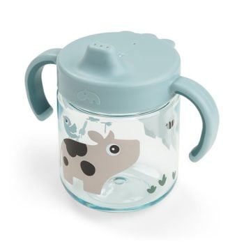 Kubek niekapek z uchwytami przezroczysty z niebieską pokrywką i wzorem krowy dla dziecka. Done by Deer Kubek Niekapek z Uchwytami 260ml Tiny Farm Blue 260 ml
