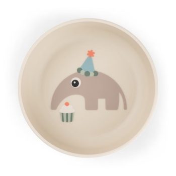 Beżowa miseczka dla dziecka z grafiką słonia w czapce i babeczką. Done by Deer Miska dla Dziecka Foodie Celebration Sand