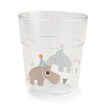 Przezroczysty kubek dla dziecka z nadrukiem słoni w czapeczkach urodzinowych 220 ml. Done by Deer Kubek dla Dziecka Glass L 220ml Celebration Sand 220 ml