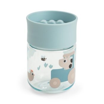 Przezroczysty kubek treningowy z niebieską pokrywką i nadrukiem zwierząt dla dziecka. Done by Deer Kubek Treningowy 360° do Nauki Picia Tiny Farm Blue