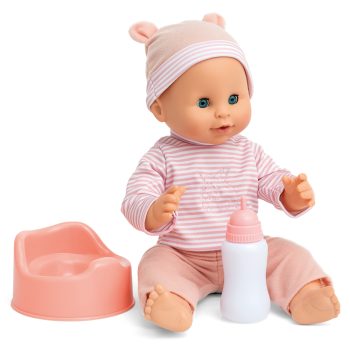 Duża lalka bobas 40 cm w różowym ubranku z czapeczką z butelką i nocniczkiem dla dziecka. Micki Duża lalka Sara 40cm bobas który je i robi siusiu zabawka Lillan & Friends