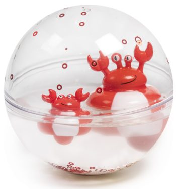 Przezroczysta kula sensoryczna z czerwonymi figurkami krabów do kąpieli dla dziecka. Petit Boum Happy Bubbles kula sensoryczna Krab