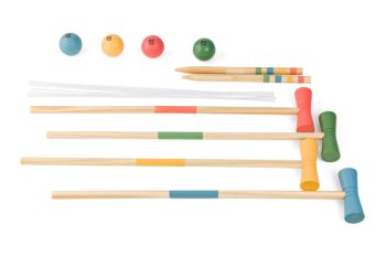 Drewniany zestaw do krokieta z kolorowymi kulami i młotkami do gry zręcznościowej. BS Toys drewniany zestaw do Krokieta
