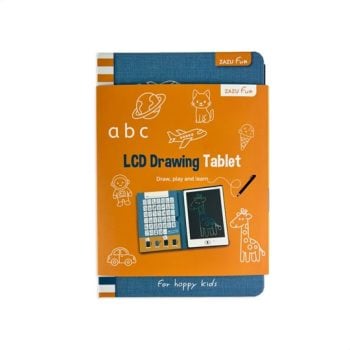 Tablet do rysowania dla dzieci z niebieską obudową i pomarańczowym etui z nadrukami zwierząt i liter. ZAZU Fun Tablet Do Rysowania Dla Dzieci
