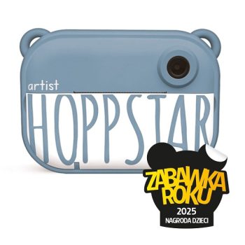 Niebieski aparat fotograficzny dla dzieci z drukarką w kształcie prostokąta z zaokrąglonymi rogami i uszkami. Hoppstar Aparat fotograficzny dla dzieci z drukarką Artist Denim