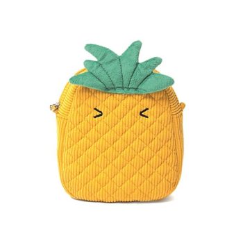 Żółta dziecięca torebka na aparat w kształcie ananasa z zielonymi liśćmi i przeszyciami pikowany materiał. Hoppstar Torebka Dziecięca na Aparat Cheeky Fruits Pina Coolada