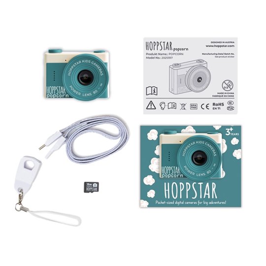 Dziecięcy aparat fotograficzny w kolorze miętowym z białymi elementami z kablem USB i kartą pamięci dla dzieci powyżej 3 lat. Hoppstar Aparat fotograficzny dla dzieci Popcorn Bay