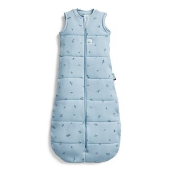Niebieski śpiworek niemowlęcy bez rękawów z nadrukiem ważek z suwakiem z przodu na jesień i zimę. ergoPouch Śpiworek Jersey 2.5TOG Dragonflies – ciepły/na jesień-zimę/zimowy gruby