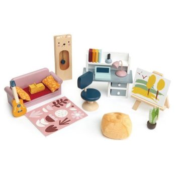 Drewniane meble do domku dla lalek pokój młodzieżowy sofa biurko krzesło dywan pufa gitara obraz roślina. Tender Leaf Toys Drewniane meble do domku dla lalek pokój młodzieżowy