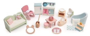 Drewniane mebelki do domku dla dzieci w pastelowych kolorach z sofą fotelem stołem krzesłem wanną i dodatkami. Tender Leaf Toys Zestaw mebelków do domku
