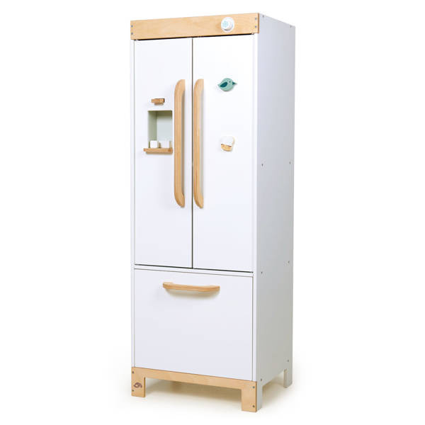 Drewniana biała lodówka z kostkarką do lodu dla dzieci z uchwytami w kolorze naturalnego drewna. Tender Leaf Toys Drewniana lodówka z kostkarką do lodu