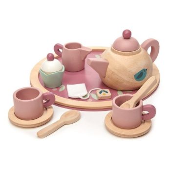 Drewniany różowy serwis do herbaty z czajnikiem filiżankami tacą i akcesoriami dla dzieci. Tender Leaf Toys Drewniany serwis do herbaty, Mini Chef