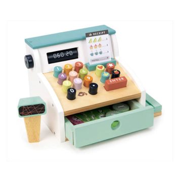 Drewniana kasa sklepowa z kolorowymi przyciskami i skanerem dla dzieci. Tender Leaf Toys Drewniana kasa sklepowa ze skanerem