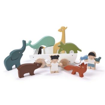 Drewniany statek do ciągnięcia z figurkami zwierząt i postaci dla dzieci. Tender Leaf Toys Drewniany statek do ciągnięcia ze zwierzątkami