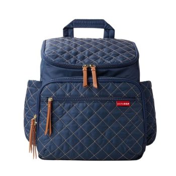 Granatowy plecak torba dla mamy pikowany z brązowymi suwakami i uchwytem. Skip Hop Forma Backpack- Navy