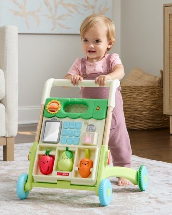 Interaktywny pchacz dla dziecka z elementami warzyw i cyfr w kolorze zielonym i niebieskim. Skip Hop Zabawka Interaktywna Chodzik 5w1 Farmstand