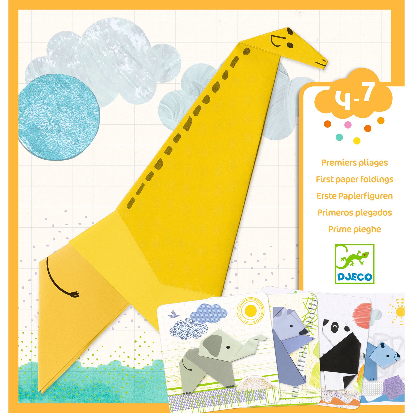 Żółty papierowy dinozaur origami dla dzieci z instrukcją składania na tle chmur i wody. Djeco Moje pierwsze origami 1.2,3 ZŁOŻONE