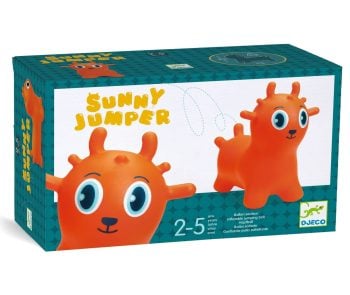 Pomarańczowy skoczek w kształcie stworka dla dzieci 2-5 lat. Djeco Stworek do skakania „SUNNY JUMPER”
