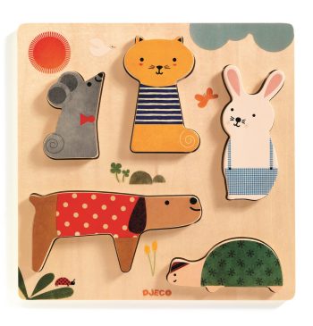 Drewniane puzzle zwierzątka kot mysz królik pies żółw dla niemowląt i małych dzieci. Djeco Drewniane Puzzle ZWIERZĄTKA 12 m-cy+