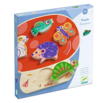 Drewniane puzzle z kolorowymi zwierzątkami dla dzieci powyżej 12 miesięcy. Djeco Drewniane puzzle ANIANCO