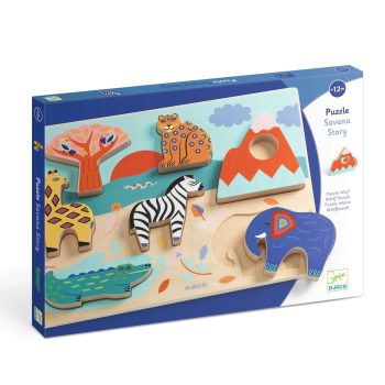 Drewniane puzzle z motywem sawanny z figurkami zwierząt dla dzieci powyżej 12 miesięcy. Djeco Drewniane puzzle SAWANNA