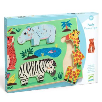 Drewniane puzzle z motywem dzikich zwierząt z elementami do układania dla dzieci powyżej 18 miesięcy. Djeco Drewniane Puzzle DZIKIE ZWIERZĘTA