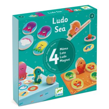 Zestaw 4 gier planszowych Ludo Sea z motywem morskich zwierząt dla dzieci od 2 lat. Djeco Zestaw 4 gier LUDO SEA