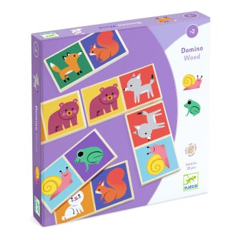 Drewniane domino z kolorowymi ilustracjami leśnych zwierzątek dla dzieci powyżej 2 lat. Djeco Drewniane Domino LEŚNE ZWIERZĄTKA