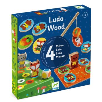 Zestaw czterech drewnianych gier zręcznościowych z elementami zwierząt dla dzieci. Djeco Zestaw 4 gier LudoWood