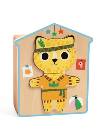 Drewniane puzzle do układania postać tygrysa w stroju indiańskim dla dzieci powyżej 2 lat. Djeco Drewniane Puzzle PRZEBIERANKI +2 lat