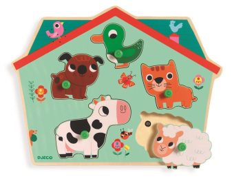 Drewniana układanka z dźwiękiem farma z postaciami zwierząt dla niemowląt i małych dzieci. Djeco Puzzle Drewniane z Dźwiękiem FARMA 12 m-cy+
