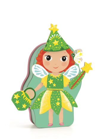 Magnetyczna układanka postać wróżki w zielono-żółtej sukience z różdżką i torebką dla dziecka. Djeco Magnetyczne puzzle BELISSIMO
