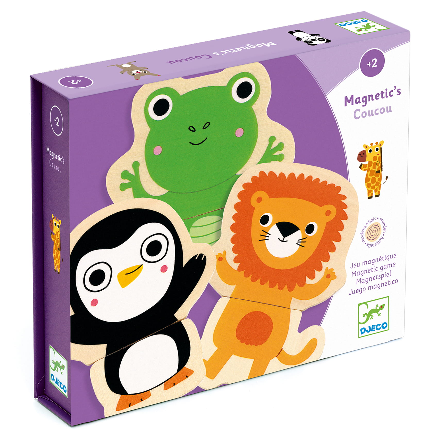 Drewniane magnetyczne puzzle z motywem dżungli z postaciami żaby, pingwina i lwa dla dzieci. Djeco Puzzle 2 -ele. drewniane magnetyczne Dżungla