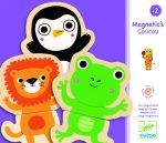 Drewniane magnetyczne puzzle z postaciami lwa żaby i pingwina dla dzieci powyżej 2 lat. Djeco Puzzle 2 -ele. drewniane magnetyczne Dżungla
